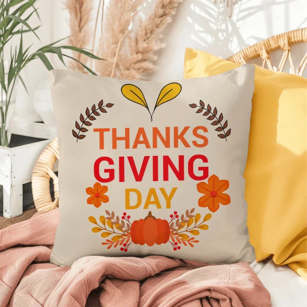 Thanksgiving Day Throw Pillow – Festive Pumpkin & Floral Fall Accent Cushion – Indoor/Outdoor, 3 Sizes