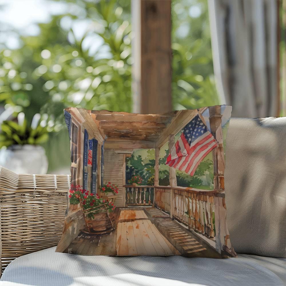 Patriotic Country Porch Scene Indoor-Outdoor Polyester Printed Pillow - Mallard Moon Gift Shop
