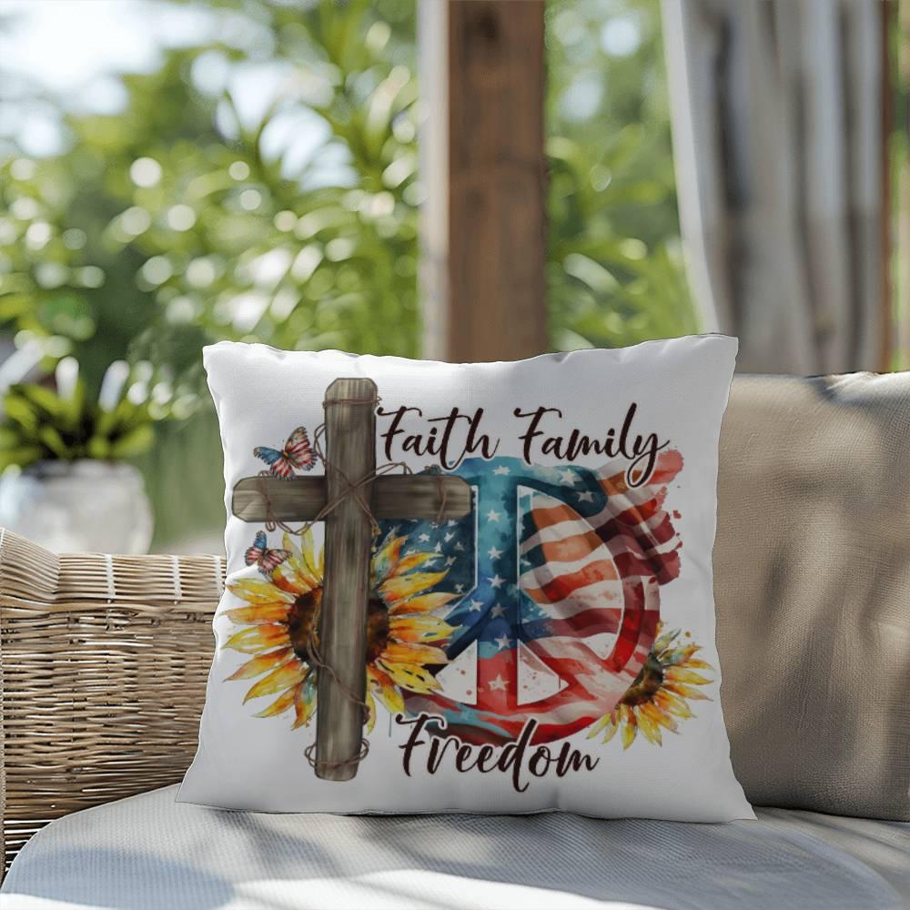 Faith Family Freedom Patriotic Comfy Indoor-Outdoor Pillow - Mallard Moon Gift Shop