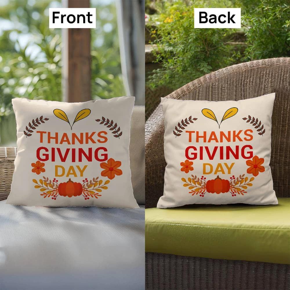 Thanksgiving Day Throw Pillow – Festive Pumpkin & Floral Fall Accent Cushion – Indoor/Outdoor, 3 Sizes