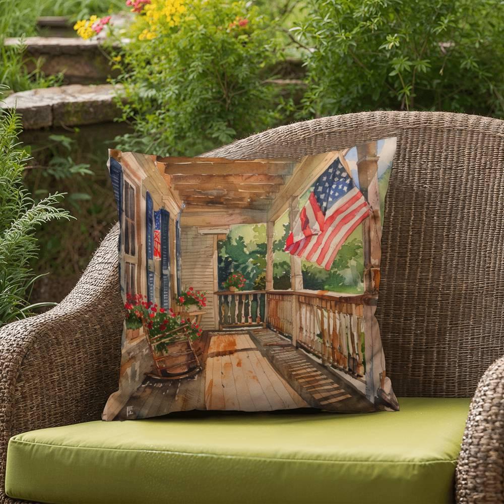 Patriotic Country Porch Scene Indoor-Outdoor Polyester Printed Pillow - Mallard Moon Gift Shop