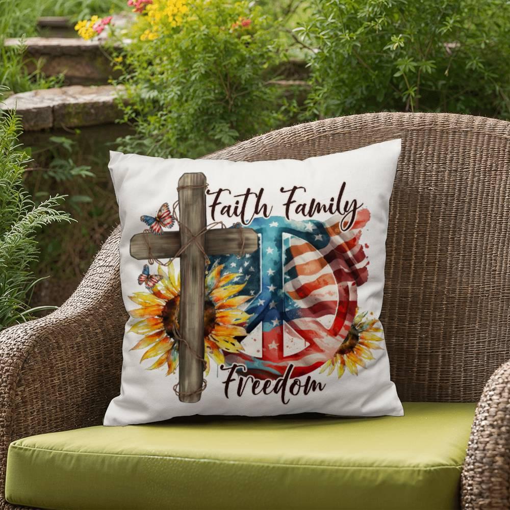 Faith Family Freedom Patriotic Comfy Indoor-Outdoor Pillow - Mallard Moon Gift Shop