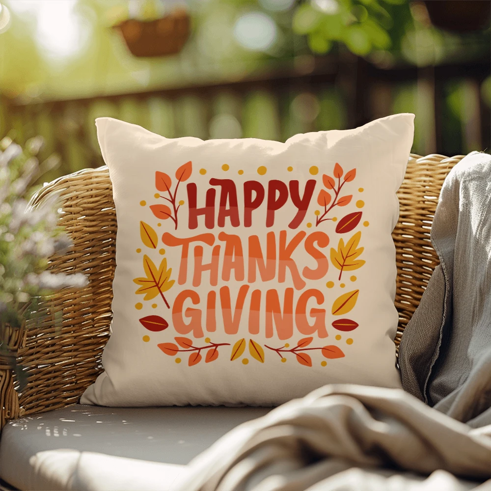 Happy Thanksgiving Throw Pillow – Indoor/Outdoor Fall Accent Cushion – Available in 3 Sizes