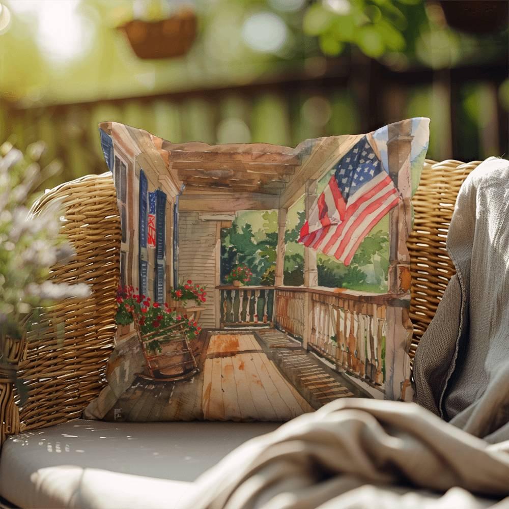 Patriotic Country Porch Scene Indoor-Outdoor Polyester Printed Pillow - Mallard Moon Gift Shop