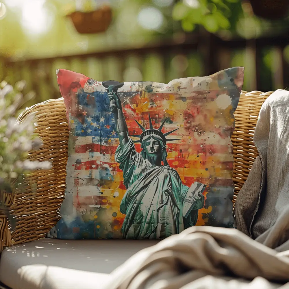 Statue of Liberty American Flag Pillow – Patriotic Indoor Outdoor Throw Pillow – USA Freedom Decor – Red White Blue Cushion – Americana Home Accent