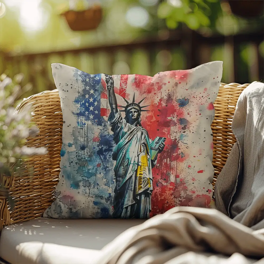 Statue of Liberty Patriotic Indoor -Outdoor Pillow – American Flag Throw Pillow – USA Home Decor – 4th of July Cushion – Patriotic Gift