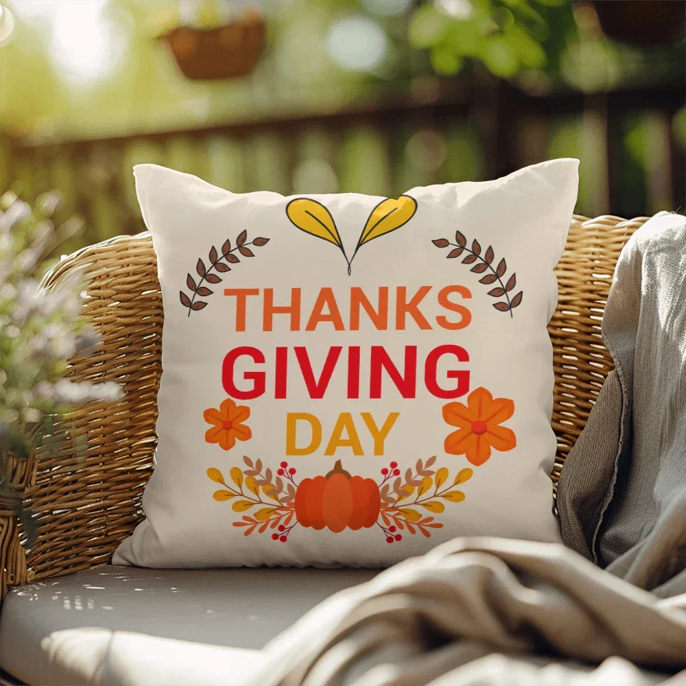 Thanksgiving Day Throw Pillow – Festive Pumpkin & Floral Fall Accent Cushion – Indoor/Outdoor, 3 Sizes