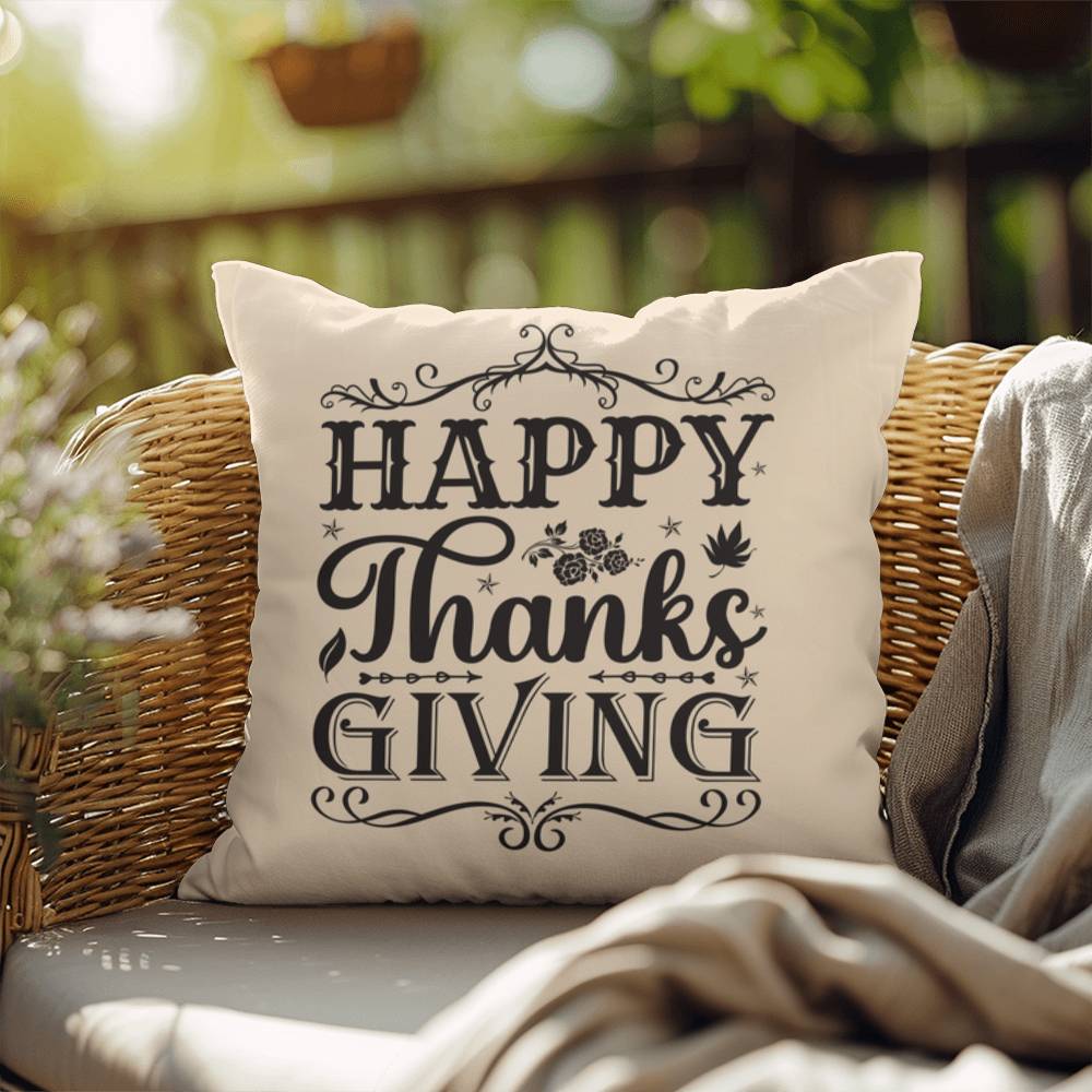 Happy Thanksgiving Decorative Pillow –Vintage Style Indoor/Outdoor Cushion – 3 Sizes - Mallard Moon