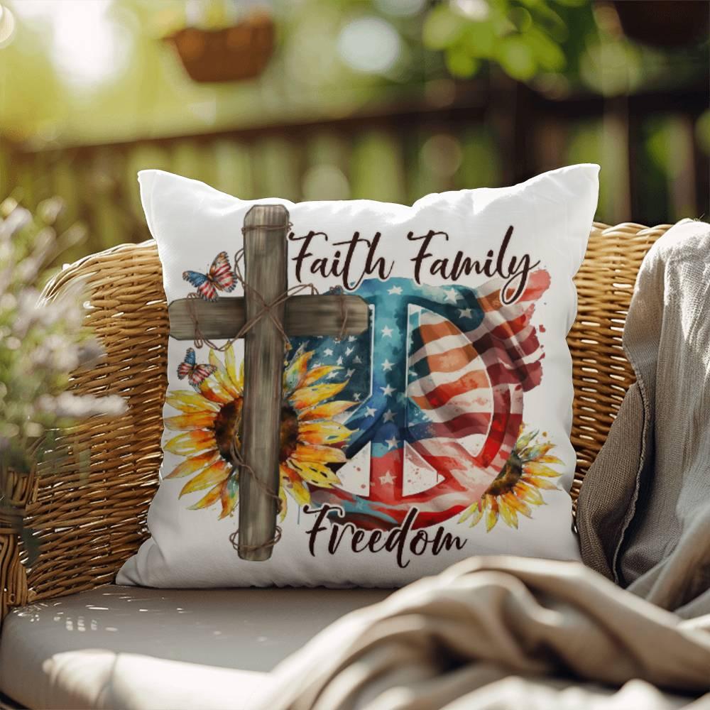 Faith Family Freedom Patriotic Comfy Indoor-Outdoor Pillow - Mallard Moon Gift Shop