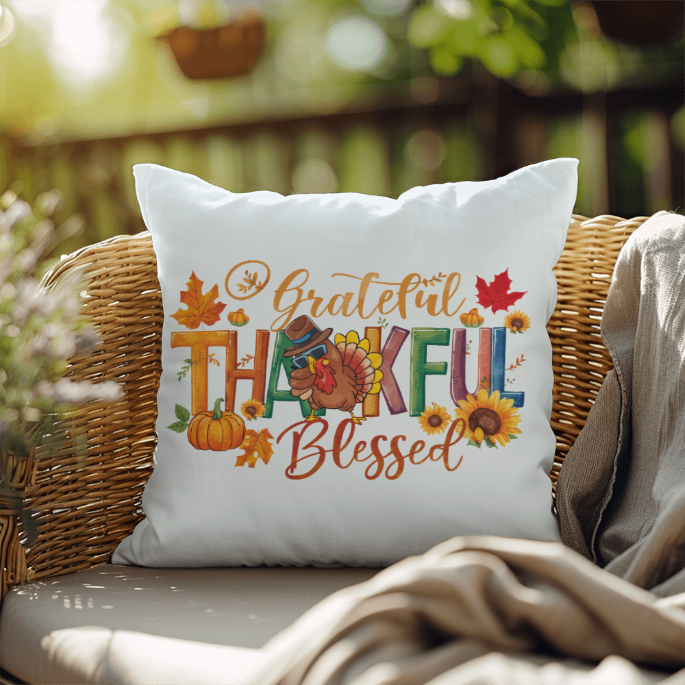 Grateful Thankful Blessed Pillow – Colorful Turkey & Pumpkin Thanksgiving Cushion – Indoor/Outdoor, 3 Sizes - Mallard Moon
