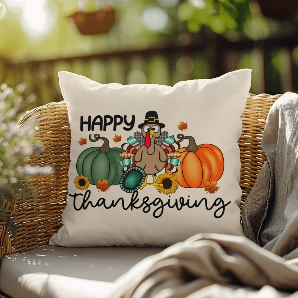Happy Thanksgiving Turkey Pillow – Fun Fall Pumpkin & Sunflower Cushion – Indoor/Outdoor, 3 Sizes