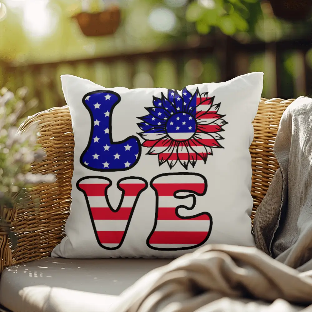Patriotic Love Pillow, USA Flag Sunflower Throw Pillow, Indoor Outdoor Polyester Cushion, 4th of July Home Decor, American Flag Accent Pillow