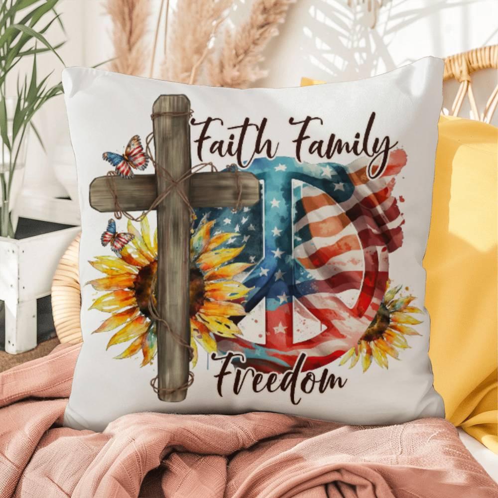 Faith Family Freedom Patriotic Comfy Indoor-Outdoor Pillow - Mallard Moon Gift Shop