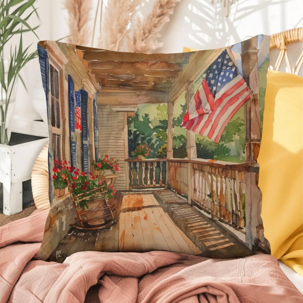 Patriotic Country Porch Scene Indoor-Outdoor Polyester Printed Pillow - Mallard Moon Gift Shop