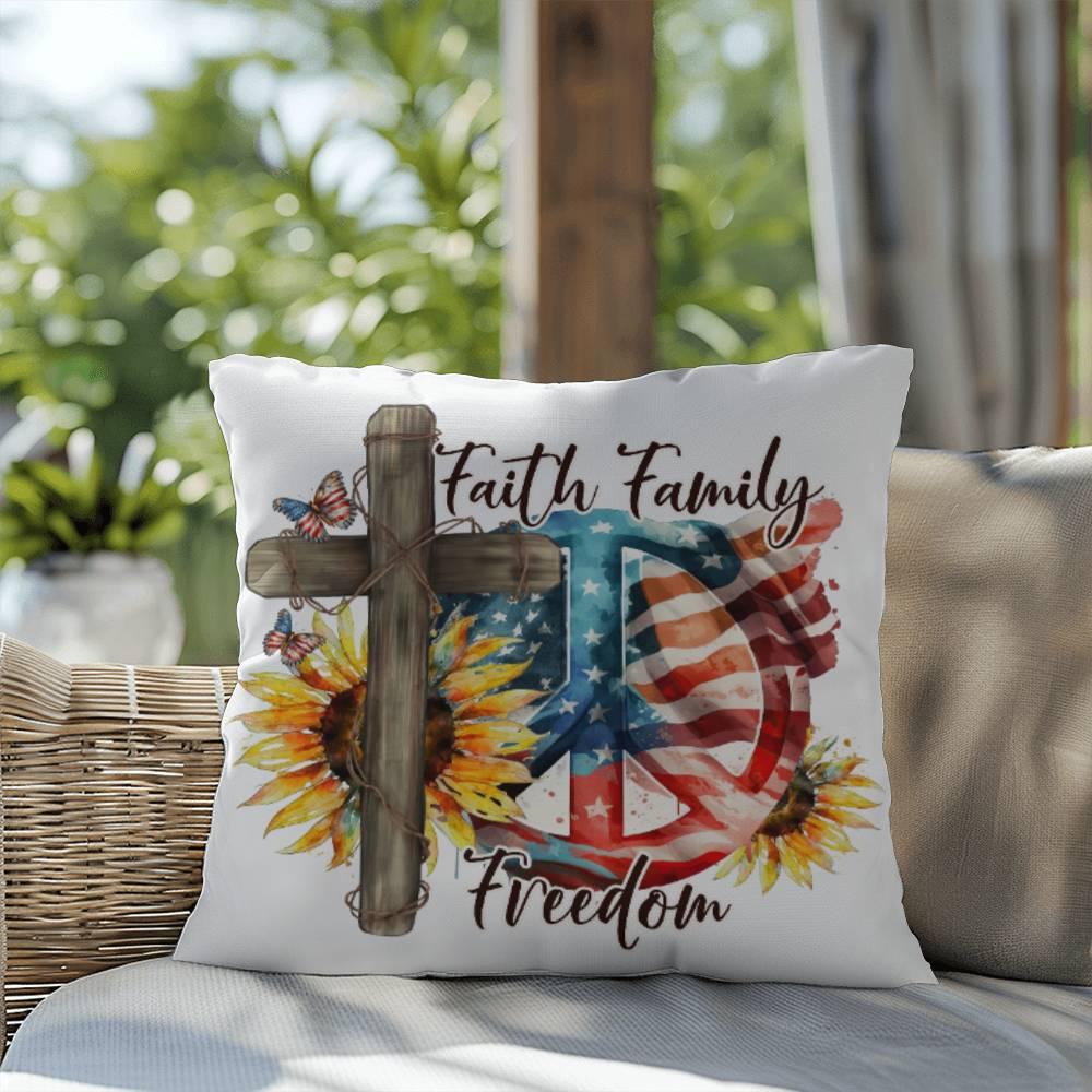 Faith Family Freedom Patriotic Comfy Indoor-Outdoor Pillow - Mallard Moon Gift Shop