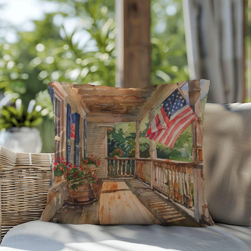 Patriotic Country Porch Scene Indoor-Outdoor Polyester Printed Pillow - Mallard Moon Gift Shop