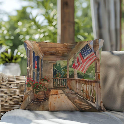 Patriotic Country Porch Scene Indoor-Outdoor Polyester Printed Pillow - Mallard Moon Gift Shop