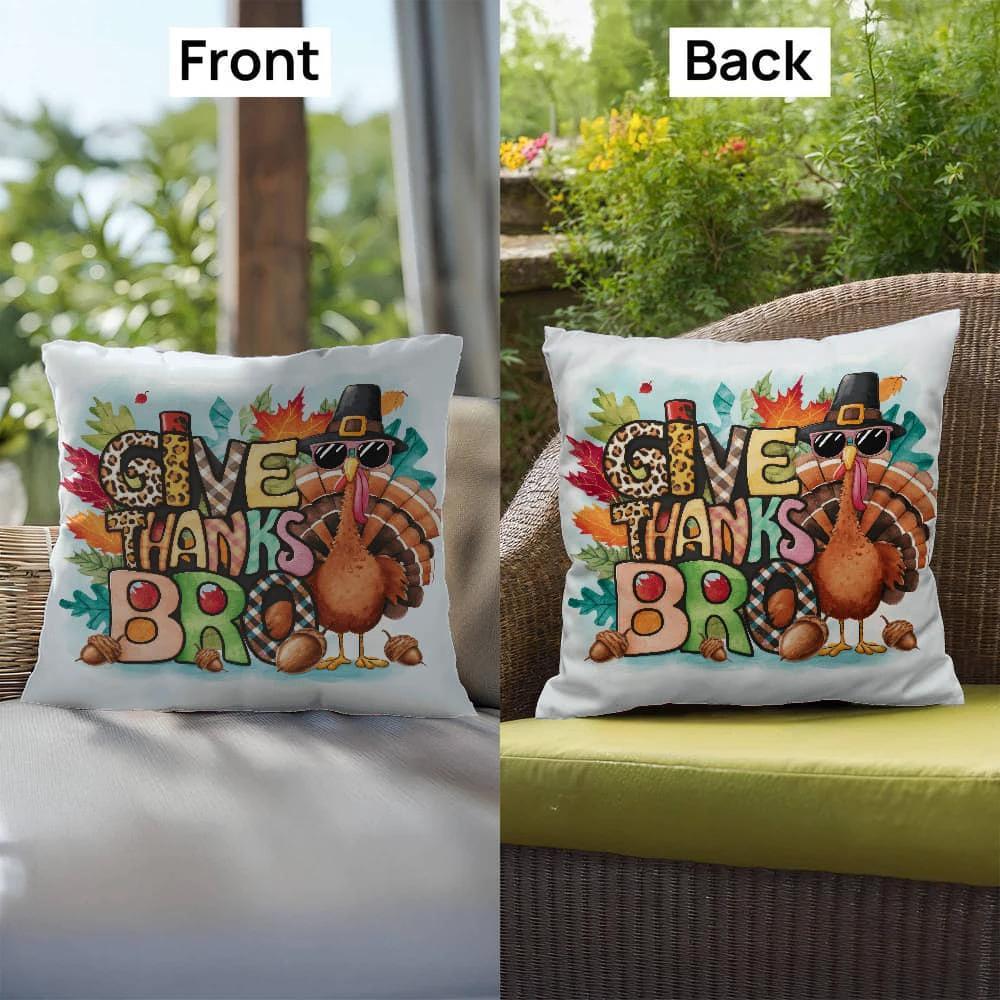 Give Thanks Bro Thanksgiving Pillow – Cool Turkey with Sunglasses Cushion – Indoor/Outdoor, 3 Sizes