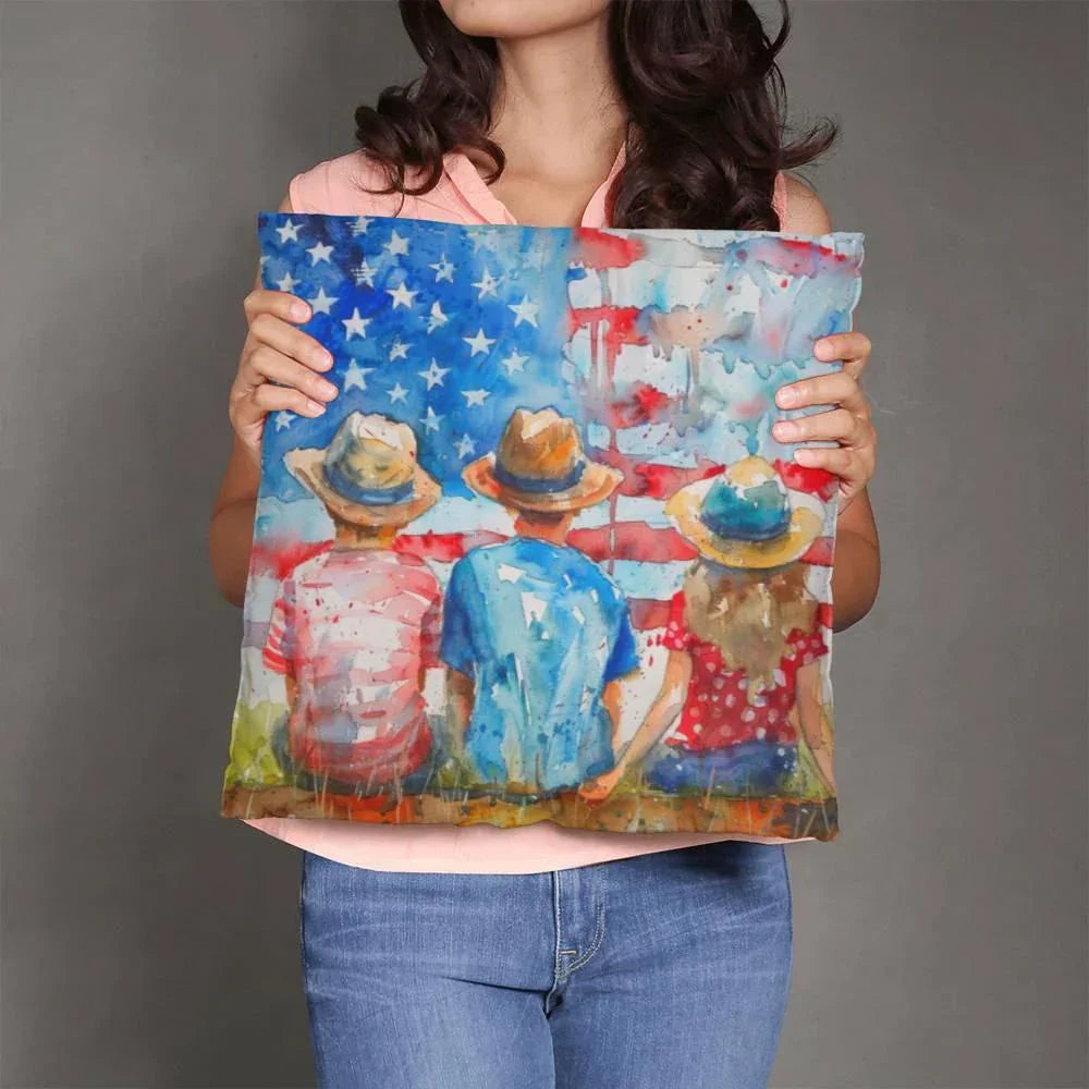 Summertime Kids American Flag Patriotic Pillow Cover