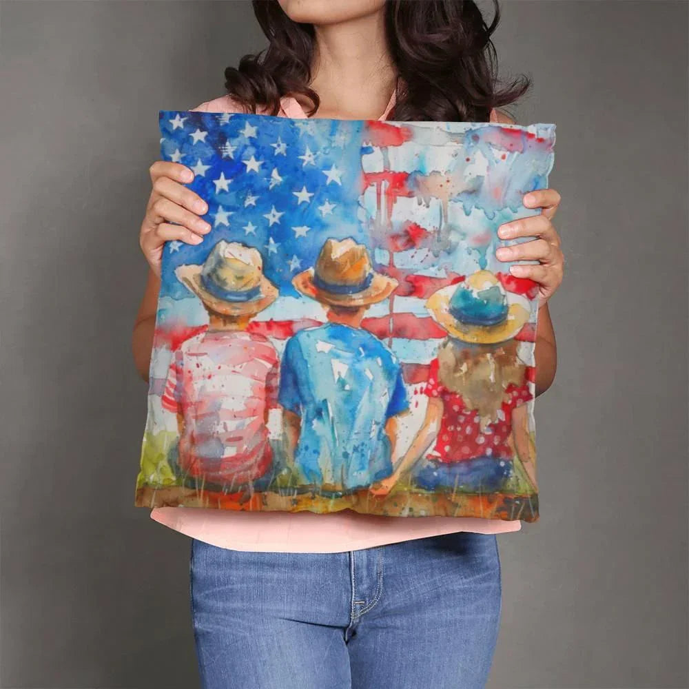 Summertime Kids American Flag Patriotic Pillow Cover