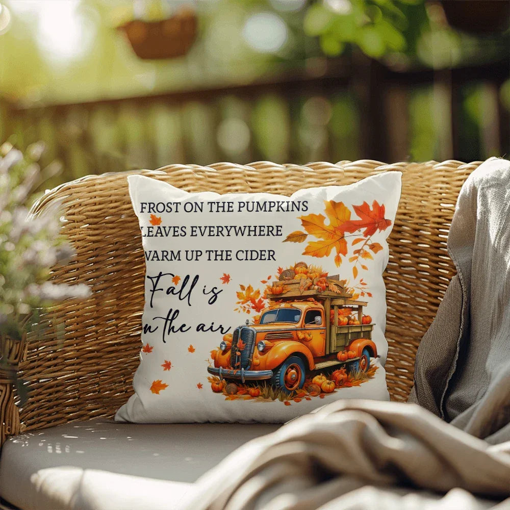 Fall Is in the Air Outdoor Pillow – Pumpkin Truck Autumn Decor – Waterproof, UV-Resistant Throw Pillow for Porch or Patio