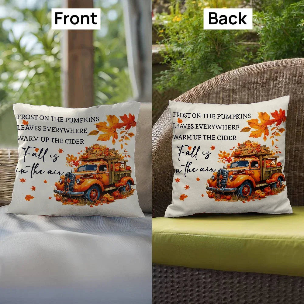 Fall Is in the Air Outdoor Pillow – Pumpkin Truck Autumn Decor – Waterproof, UV-Resistant Throw Pillow for Porch or Patio