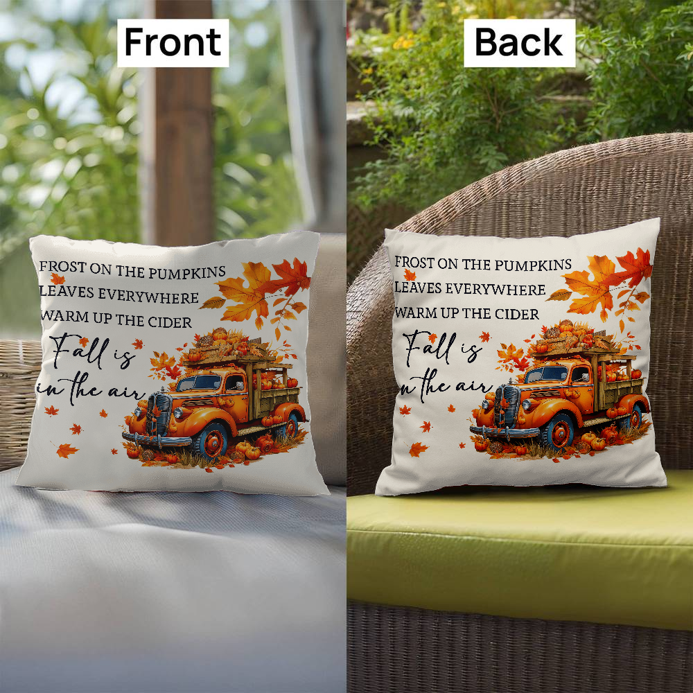Fall Is in the Air Outdoor Pillow – Pumpkin Truck Autumn Decor – Waterproof, UV-Resistant Throw Pillow for Porch or Patio - Mallard Moon