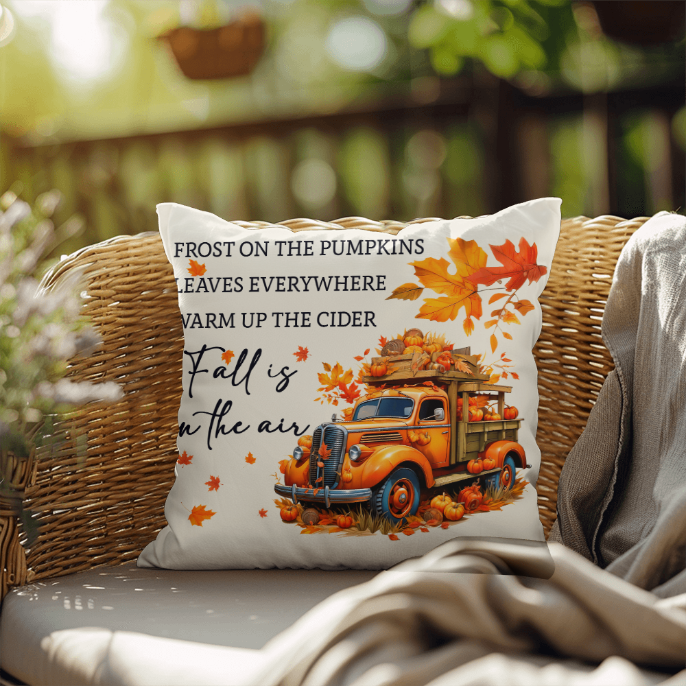 Fall Is in the Air Outdoor Pillow – Pumpkin Truck Autumn Decor – Waterproof, UV-Resistant Throw Pillow for Porch or Patio - Mallard Moon