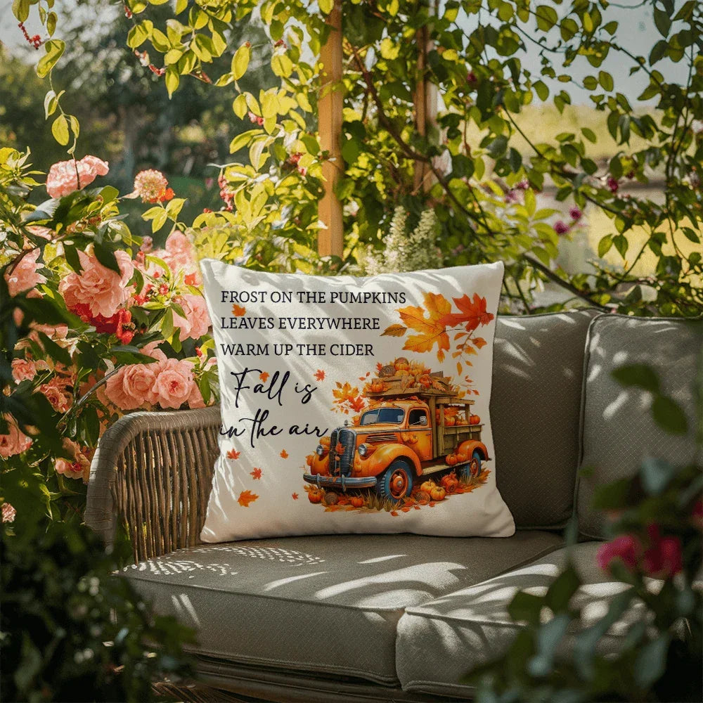 Fall Is in the Air Outdoor Pillow – Pumpkin Truck Autumn Decor – Waterproof, UV-Resistant Throw Pillow for Porch or Patio