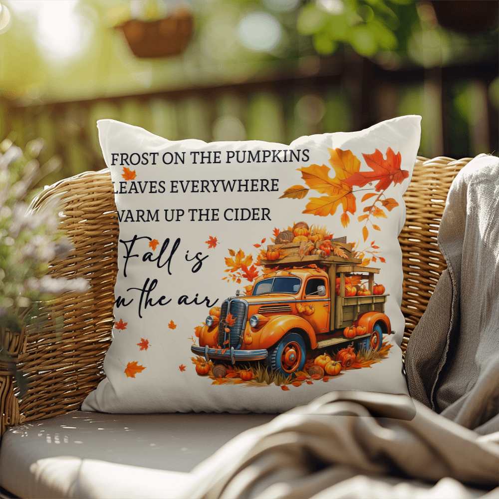 Fall Is in the Air Outdoor Pillow – Pumpkin Truck Autumn Decor – Waterproof, UV-Resistant Throw Pillow for Porch or Patio - Mallard Moon