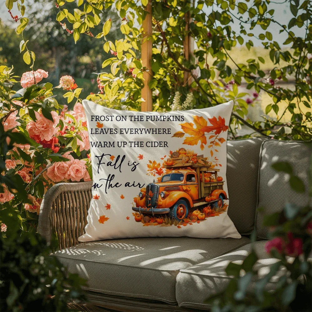 Fall Is in the Air Outdoor Pillow – Pumpkin Truck Autumn Decor – Waterproof, UV-Resistant Throw Pillow for Porch or Patio