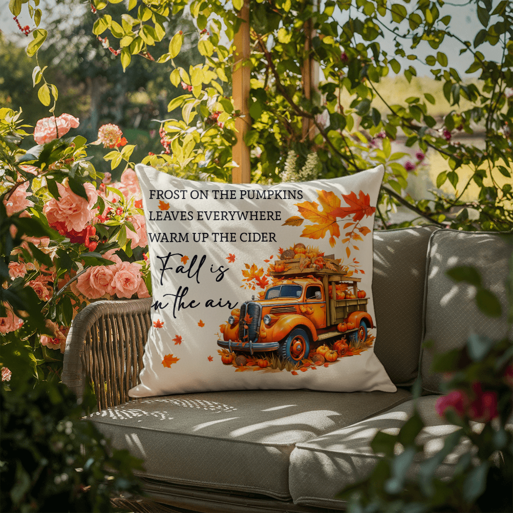 Fall Is in the Air Outdoor Pillow – Pumpkin Truck Autumn Decor – Waterproof, UV-Resistant Throw Pillow for Porch or Patio - Mallard Moon