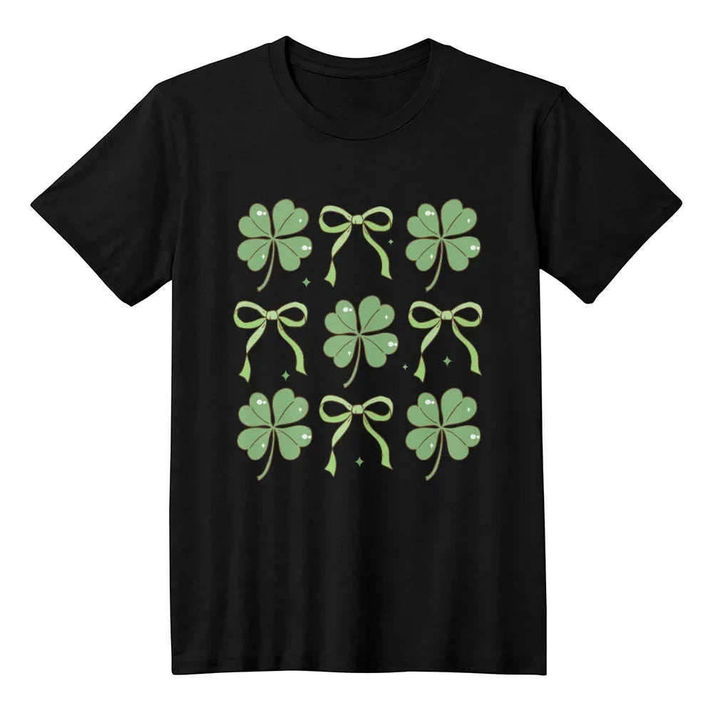 Women's St. Patrick's Day T-Shirt – Lucky Clover & Bow Design – Soft Cotton Crew Neck Tee – Irish Lass Holiday Shirt