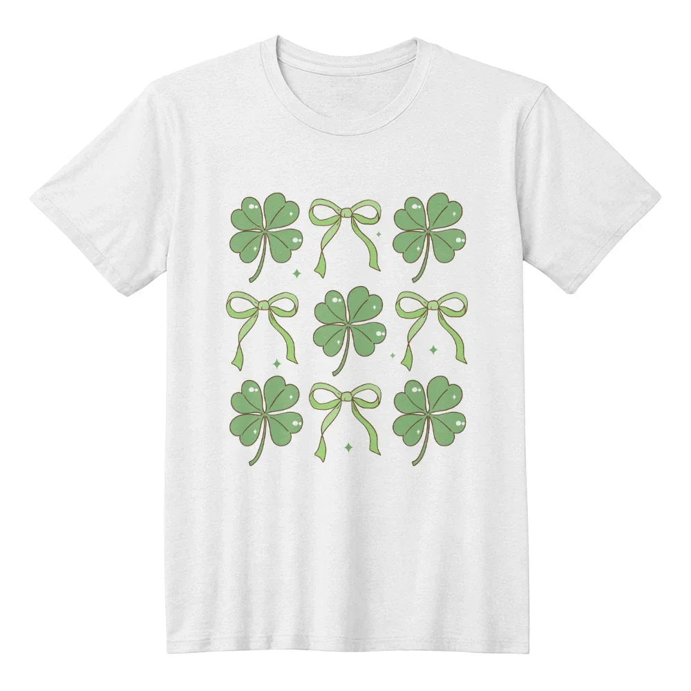 Women's St. Patrick's Day T-Shirt – Lucky Clover & Bow Design – Soft Cotton Crew Neck Tee – Irish Lass Holiday Shirt