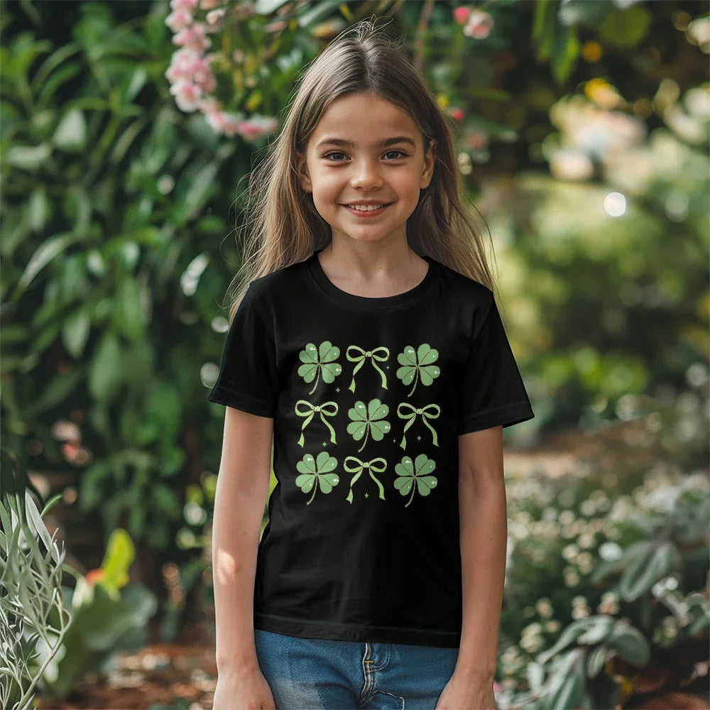 Youth St. Patrick's Day T-Shirt – Lucky Clover & Bow Design – Soft Cotton Crew Neck Tee – Irish Holiday Shirt for Girls