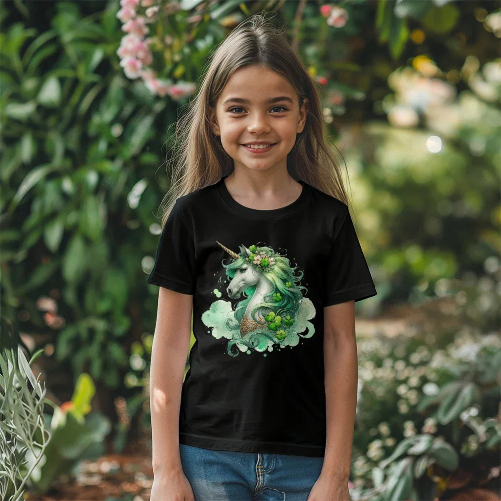 Youth St. Patrick's Day Unicorn T-Shirt – Girls Lucky Shamrock Tee – Soft Cotton Crew Neck Shirt – Irish Holiday Outfit