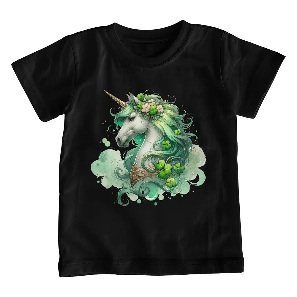 Youth St. Patrick's Day Unicorn T-Shirt – Girls Lucky Shamrock Tee – Soft Cotton Crew Neck Shirt – Irish Holiday Outfit