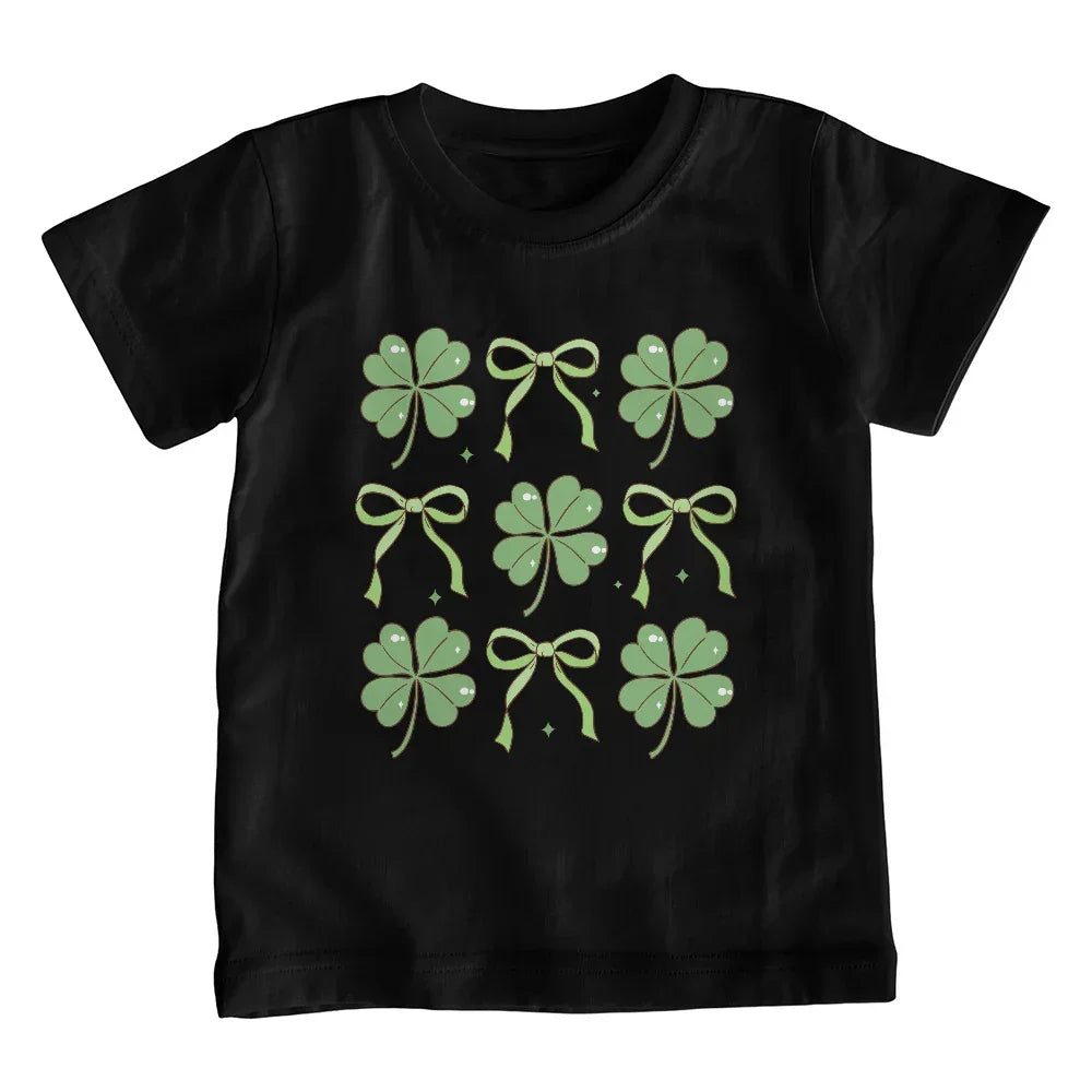 Youth St. Patrick's Day T-Shirt – Lucky Clover & Bow Design – Soft Cotton Crew Neck Tee – Irish Holiday Shirt for Girls