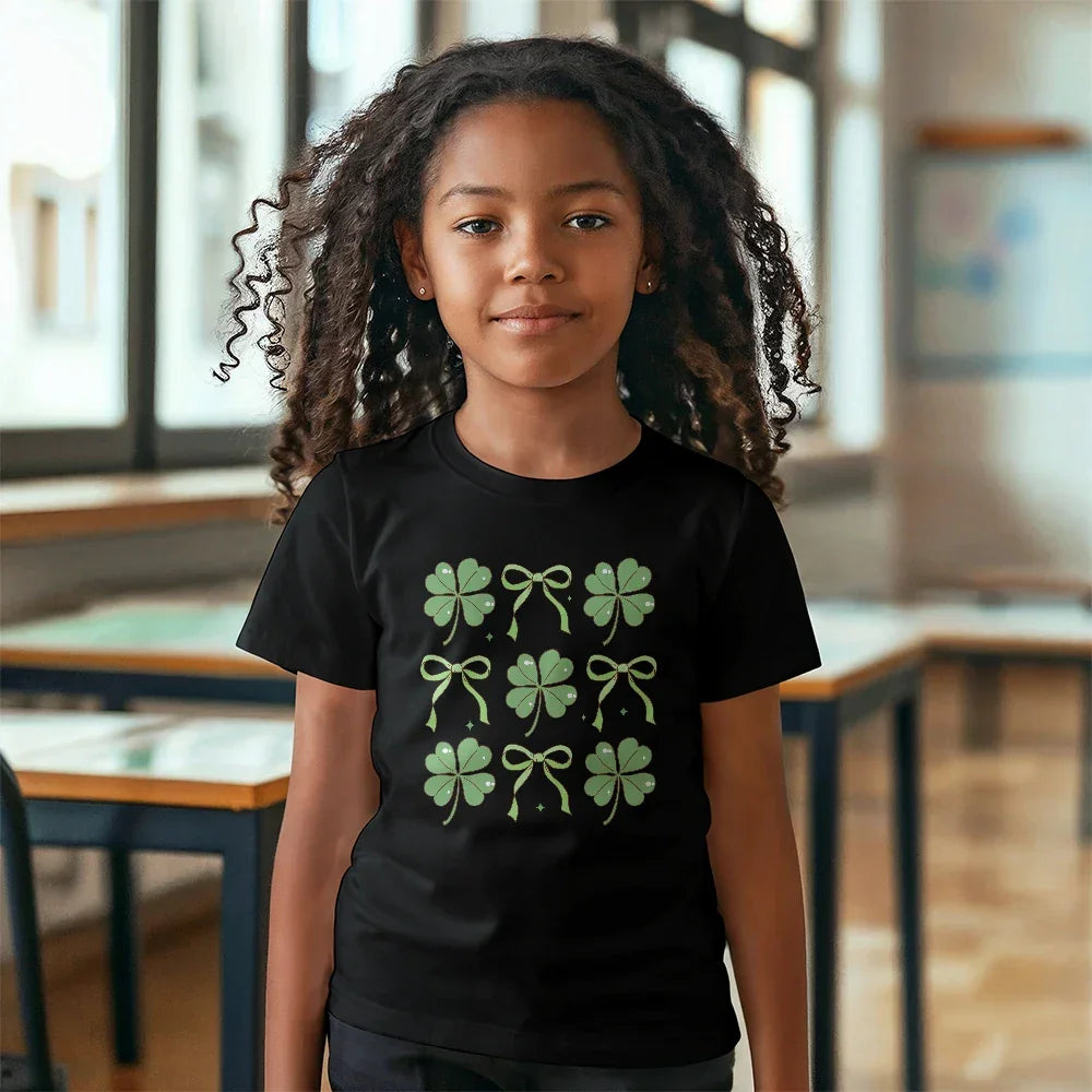 Youth St. Patrick's Day T-Shirt – Lucky Clover & Bow Design – Soft Cotton Crew Neck Tee – Irish Holiday Shirt for Girls