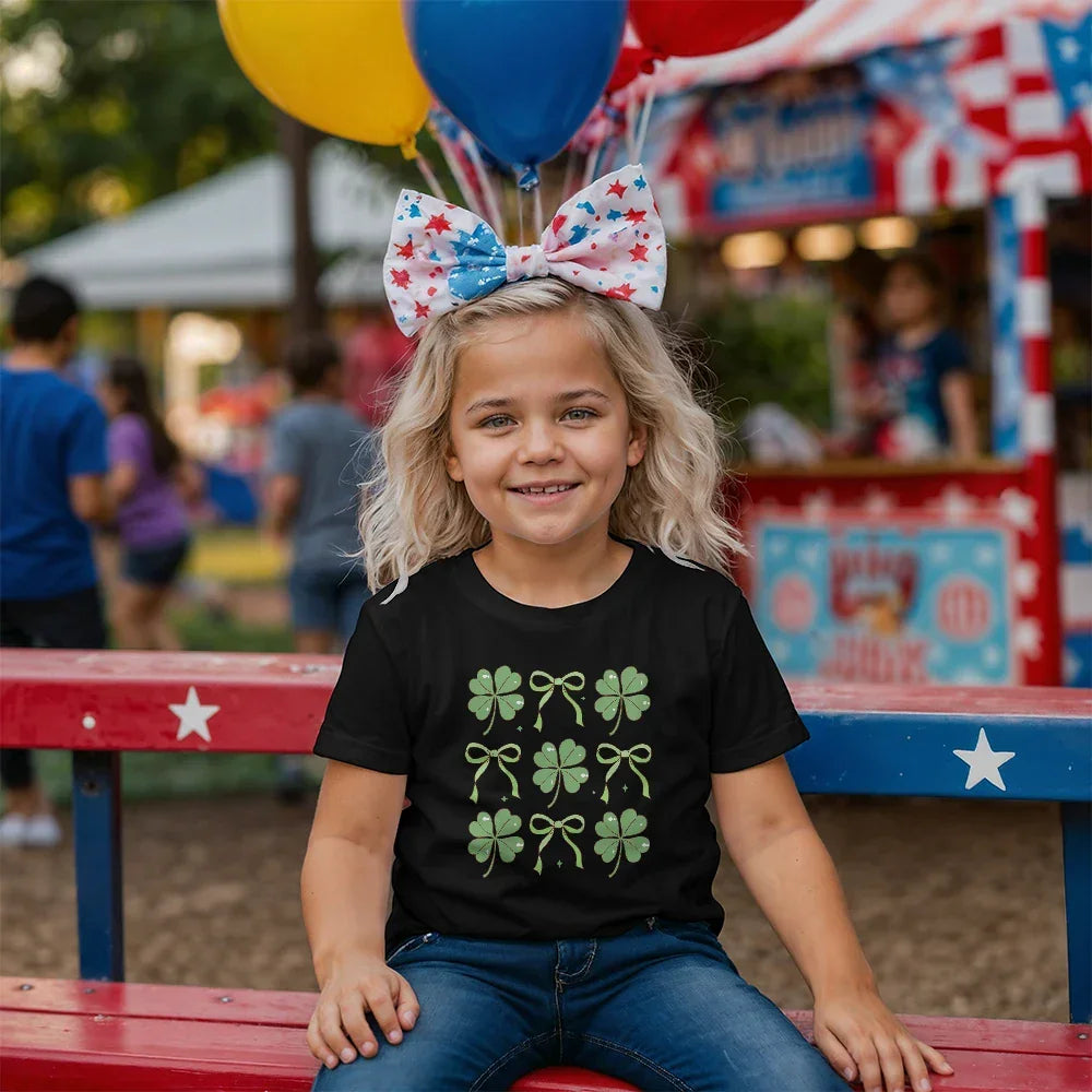 Youth St. Patrick's Day T-Shirt – Lucky Clover & Bow Design – Soft Cotton Crew Neck Tee – Irish Holiday Shirt for Girls