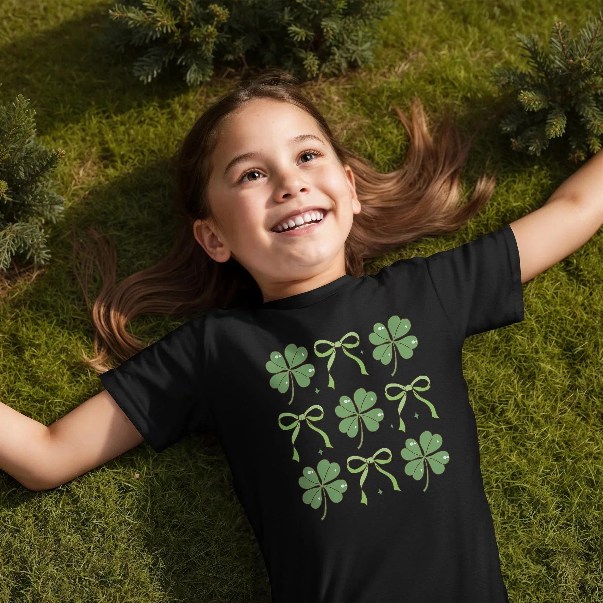 Youth St. Patrick's Day T-Shirt – Lucky Clover & Bow Design – Soft Cotton Crew Neck Tee – Irish Holiday Shirt for Girls