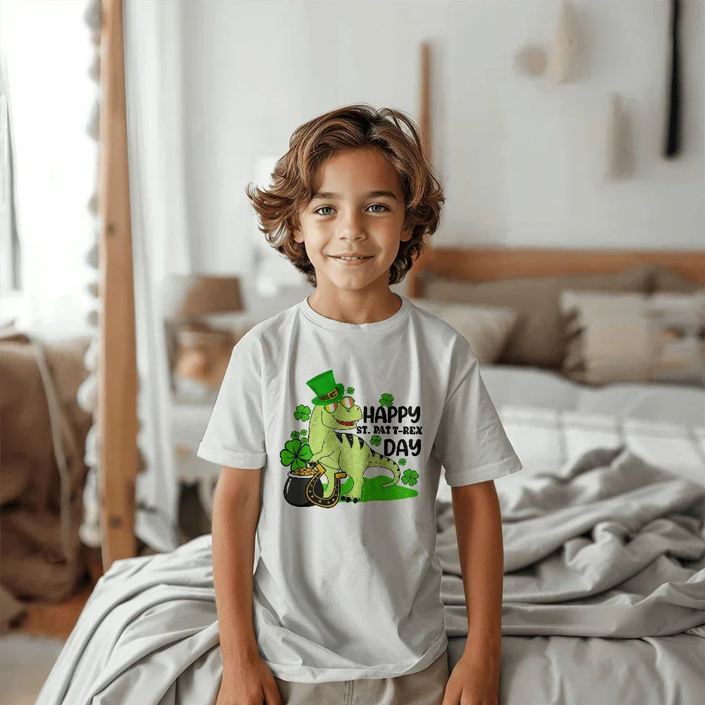 Kids St. Patrick's Day T-Shirt – Cute T-Rex Leprechaun Design – Boys & Girls Irish Holiday Shirt – Soft Cotton Crew Neck Tee