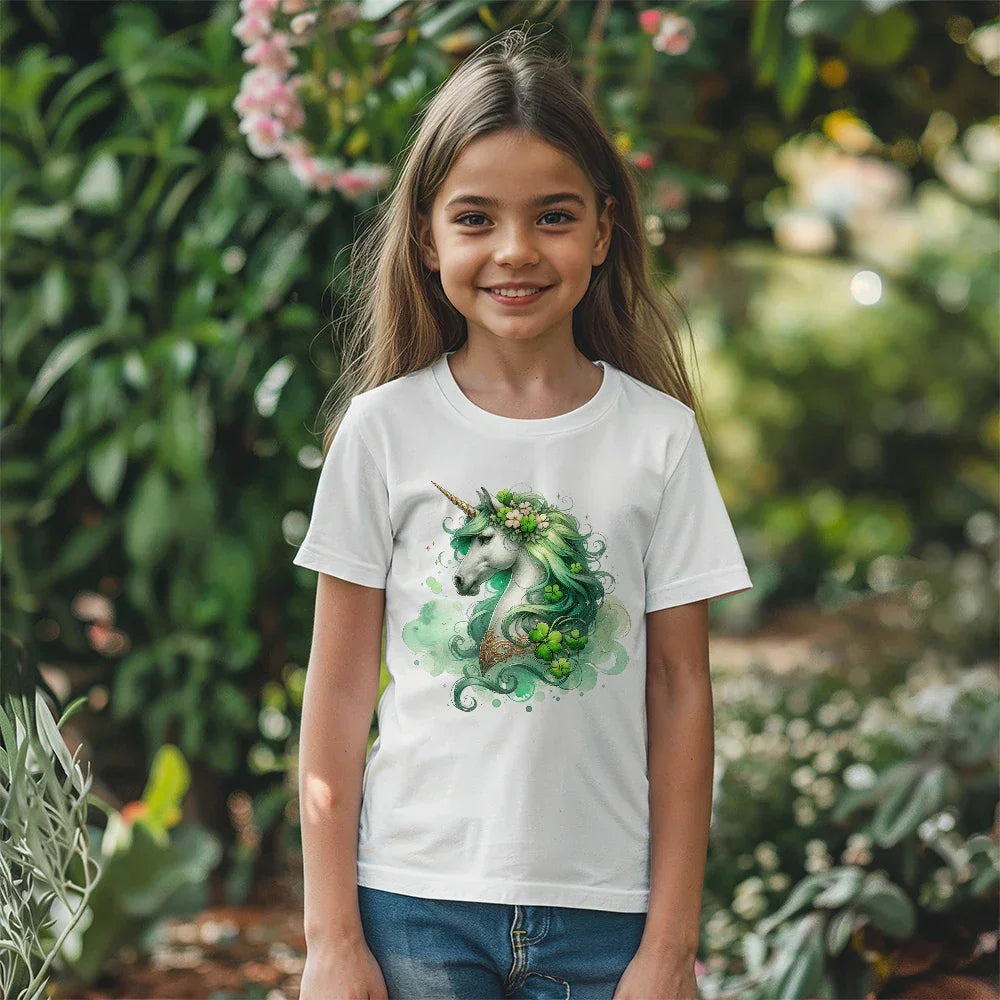 Youth St. Patrick's Day Unicorn T-Shirt – Girls Lucky Shamrock Tee – Soft Cotton Crew Neck Shirt – Irish Holiday Outfit