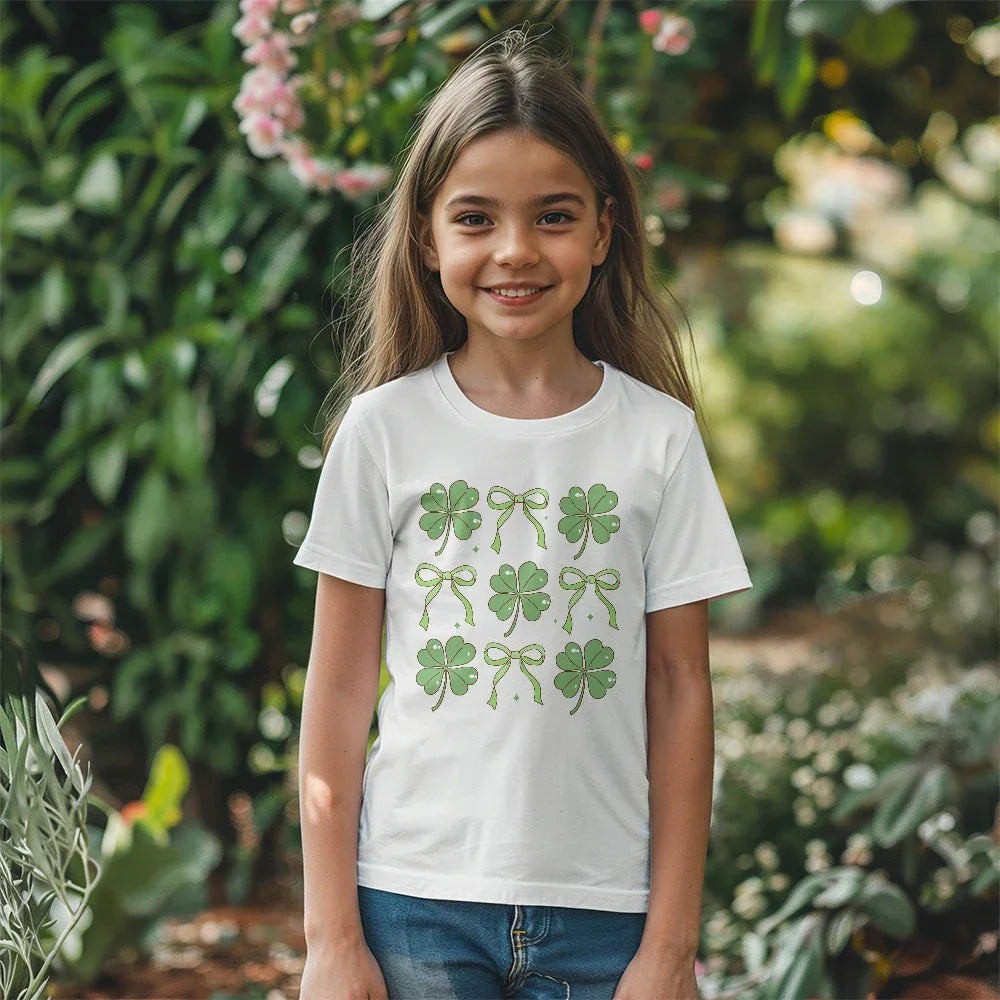 Youth St. Patrick's Day T-Shirt – Lucky Clover & Bow Design – Soft Cotton Crew Neck Tee – Irish Holiday Shirt for Girls
