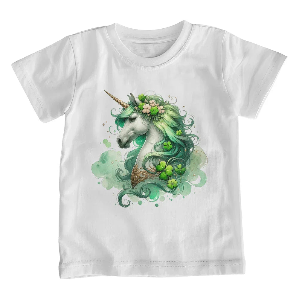 Youth St. Patrick's Day Unicorn T-Shirt – Girls Lucky Shamrock Tee – Soft Cotton Crew Neck Shirt – Irish Holiday Outfit