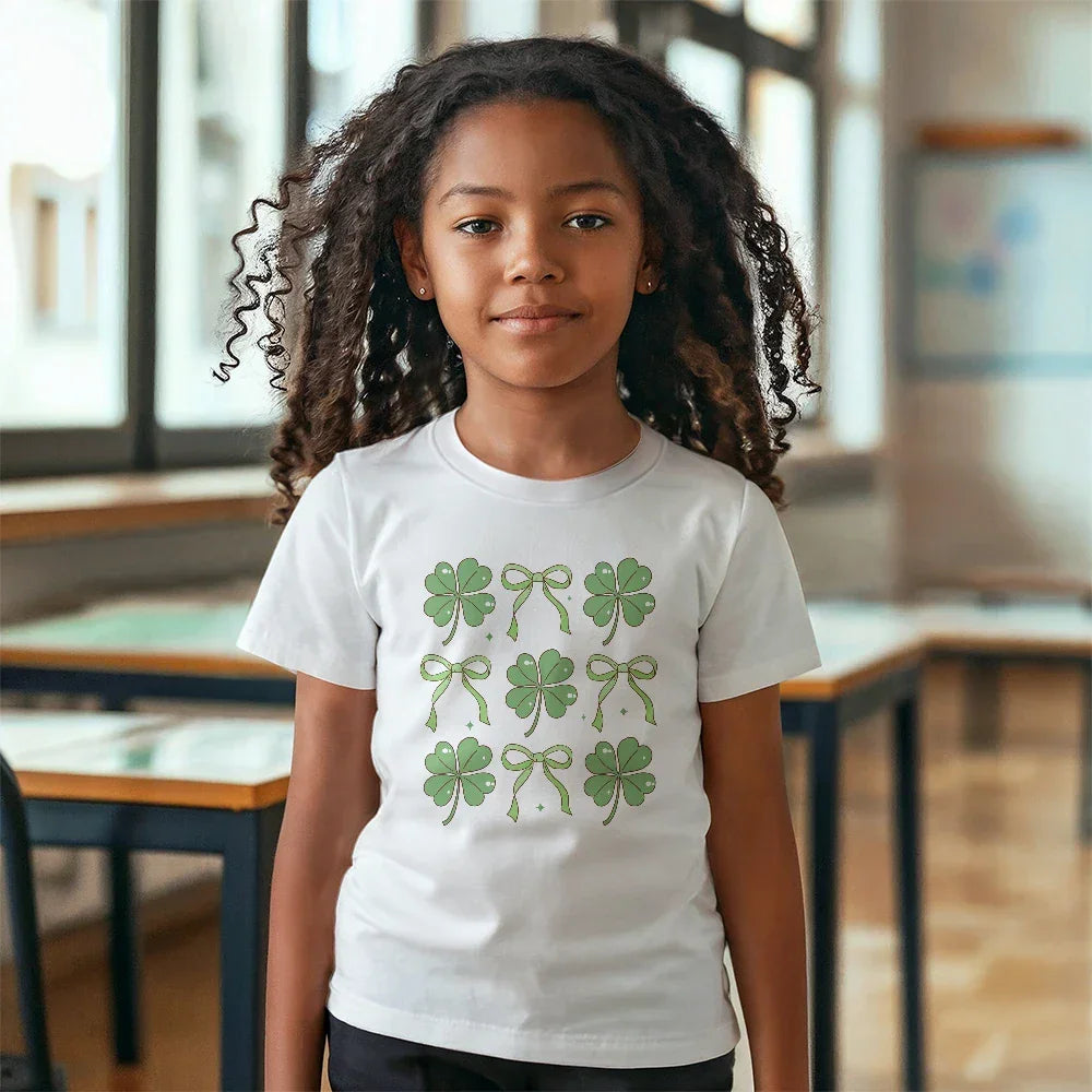 Youth St. Patrick's Day T-Shirt – Lucky Clover & Bow Design – Soft Cotton Crew Neck Tee – Irish Holiday Shirt for Girls