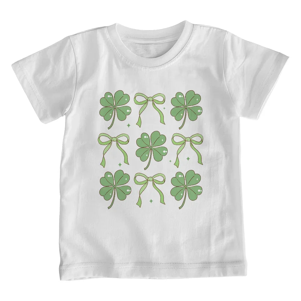 Youth St. Patrick's Day T-Shirt – Lucky Clover & Bow Design – Soft Cotton Crew Neck Tee – Irish Holiday Shirt for Girls