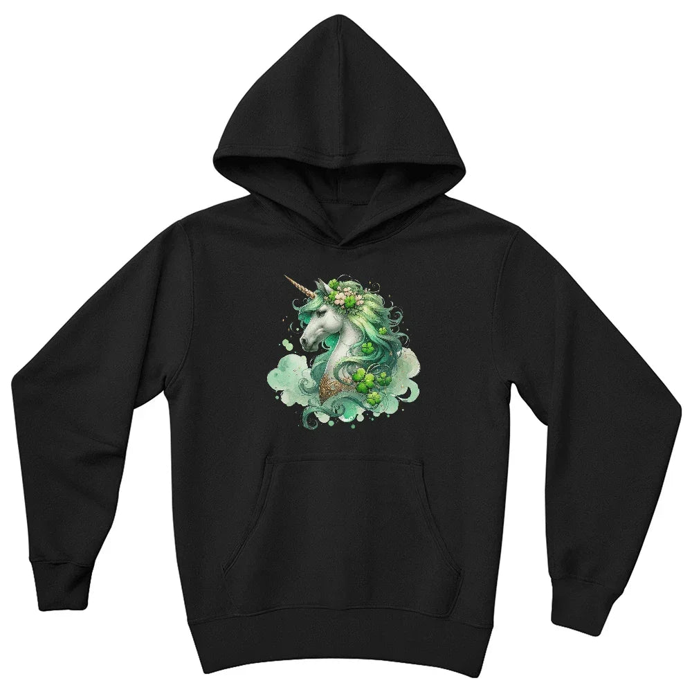 Youth Unicorn Pullover Hoodie – St. Patrick's Day Lucky Shamrock Sweatshirt – Soft Cotton Blend Fleece – Girls & Boys Cozy Hoodie