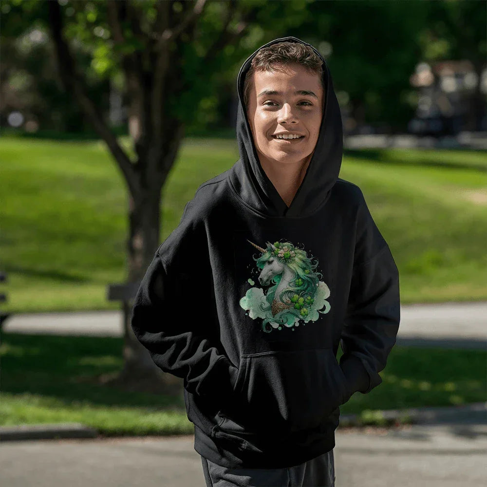 Youth Unicorn Pullover Hoodie – St. Patrick's Day Lucky Shamrock Sweatshirt – Soft Cotton Blend Fleece – Girls & Boys Cozy Hoodie