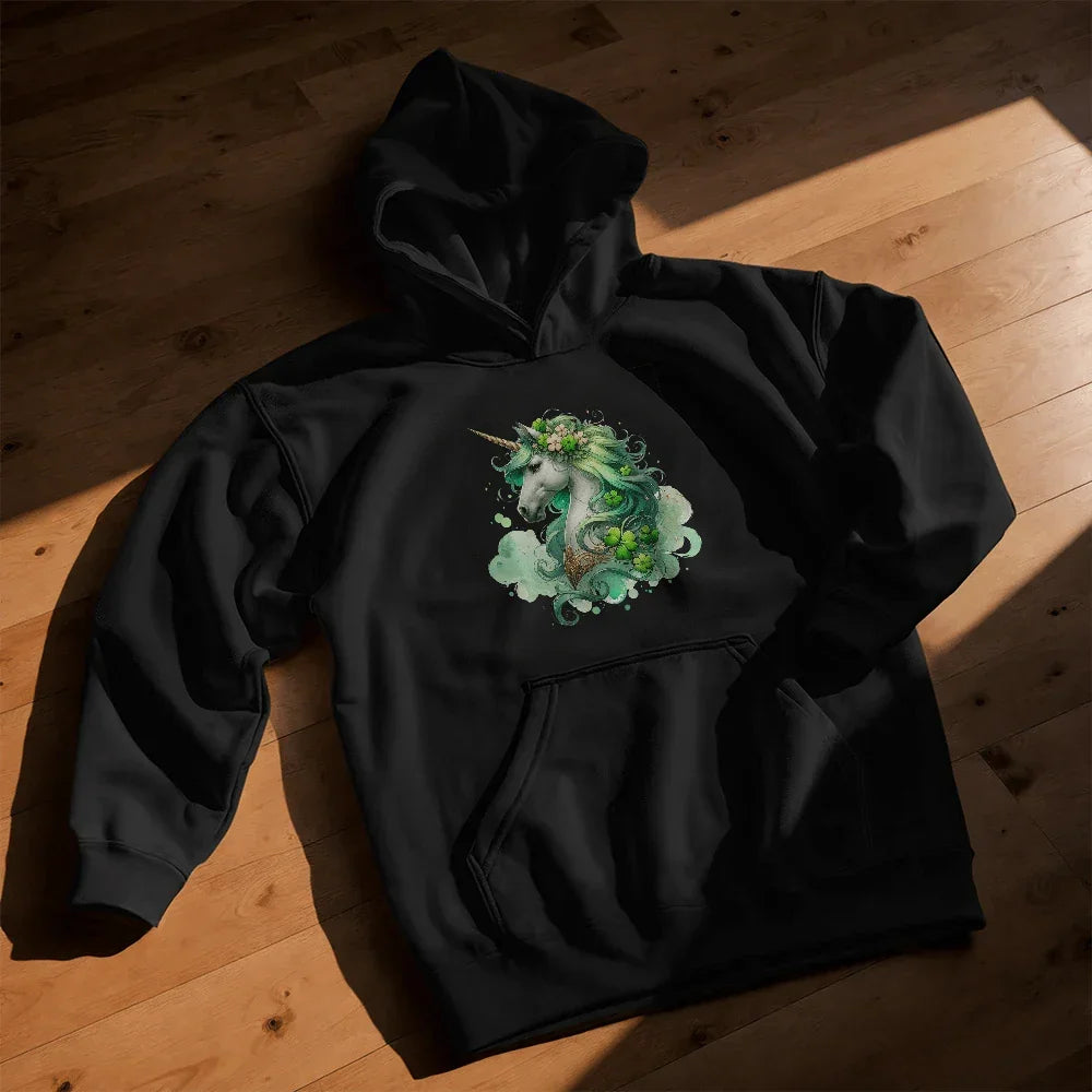 Youth Unicorn Pullover Hoodie – St. Patrick's Day Lucky Shamrock Sweatshirt – Soft Cotton Blend Fleece – Girls & Boys Cozy Hoodie